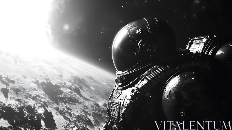 Luminous terminator horizon with extravehicular suit silhouette.