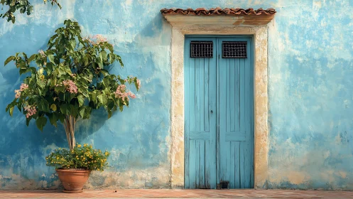 Photorealistic rustic blue doorway with potted courtyard tree.