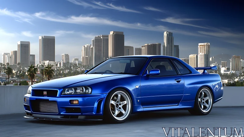 Blue sports coupe parked on rooftop with city skyline.