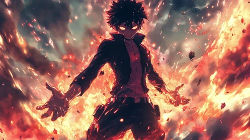 Blazing anime antihero commanding explosive inferno storm.
