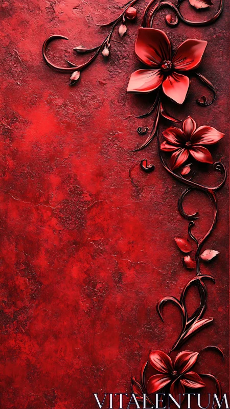 Red floral relief curls along textured crimson wall