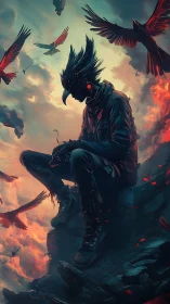 Human crow hybrid seated on cliff amid flying red birds.