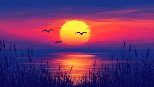 Radiant seaside sunset with silhouetted reeds and birds in flight.