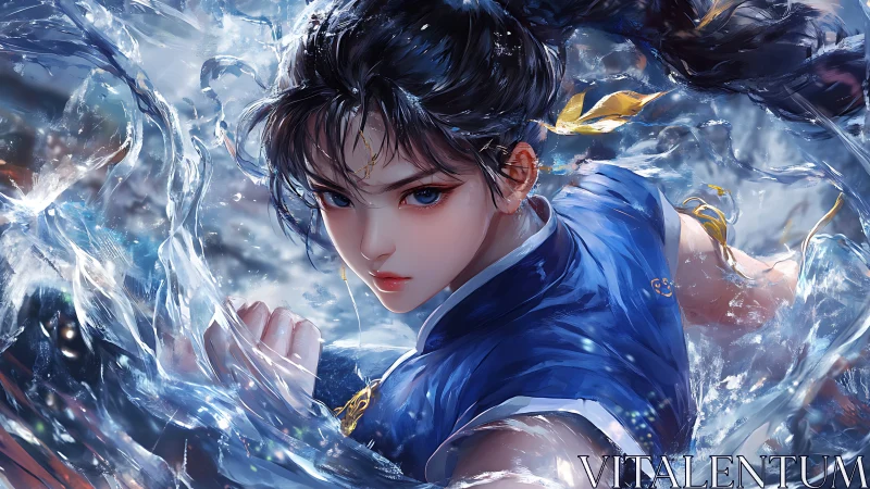 Water-whispering warrior surges through stormlit currents.