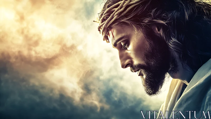 Profile view of crowned man against dramatic cloudy sky