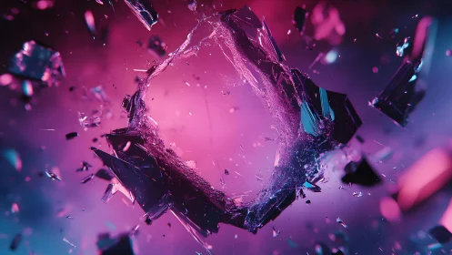 Abstract shattered glass in mid-air with vibrant neon colors.