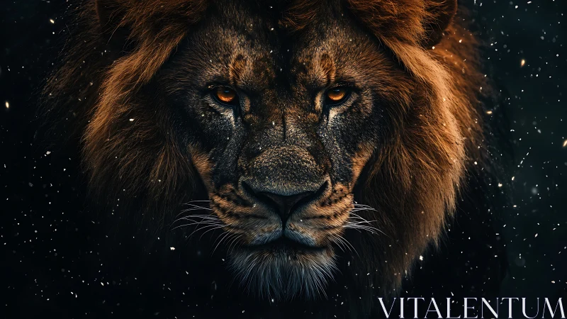 High-contrast digital lion portrait with embers and nocturnal field.