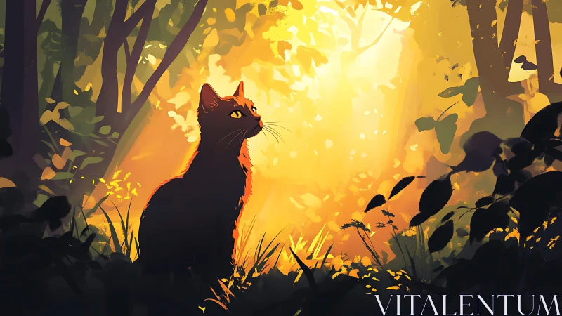 Curious black cat basking in a golden sunlit forest.