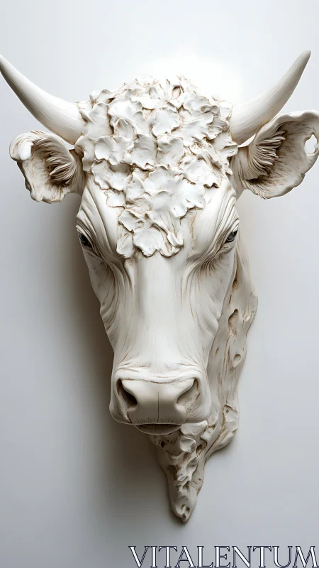 Photorealistic sculpted bull bust with floral relief detailing.
