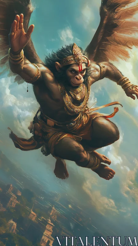 Winged monkey warrior soars above ancient skybound realm.