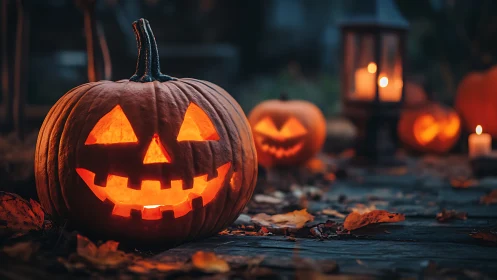 Carved jack o lanterns glowing on a moody autumn path.