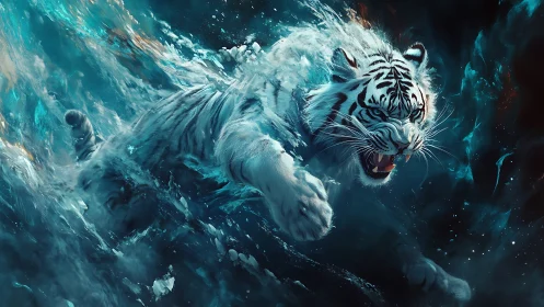 Tidal Rush Tiger lunges through electric sapphire stormwater.