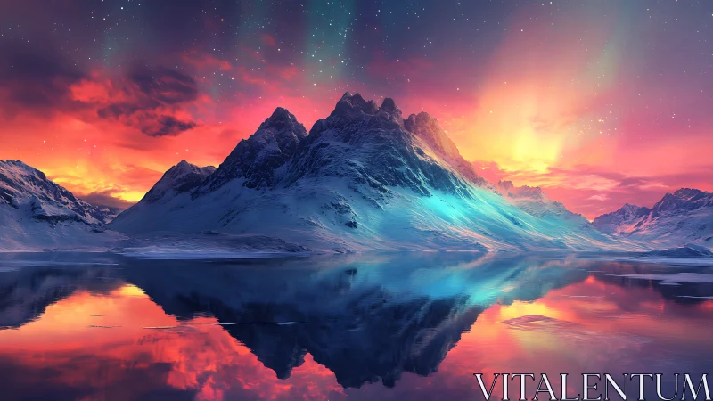 Glowing polar peaks rise above aurora-lit, mirror-still waters