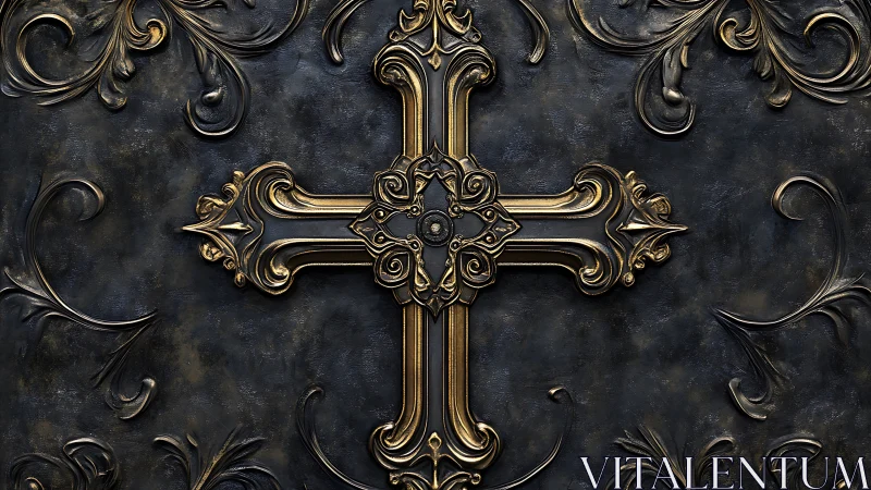 Ornate golden cross glowing against dark embossed metal.