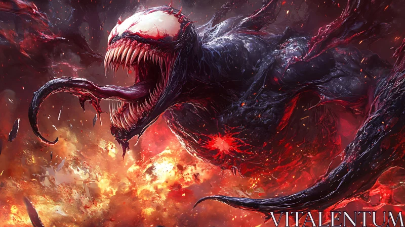 Monstrous symbiote creature amid explosive fiery chaos.