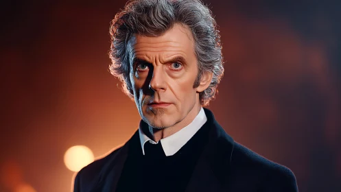 Intense silver-haired man in formal coat against warm glow.