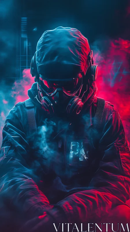 Hooded operative in gas mask under neon cyan magenta haze.