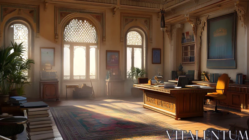 Sunlit traditional office with carved arches and desk interior.