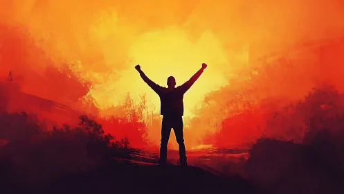 Silhouette of standing figure before vivid orange light.