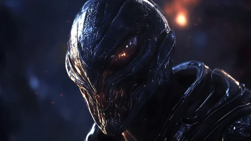 Mysterious cosmic warrior wrapped in shimmering dark armor.