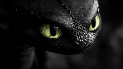 Glistening black dragon close‑up with luminous green eyes.