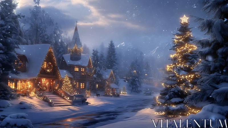 Snow-dusted cottages whisper warmth beneath winter lights