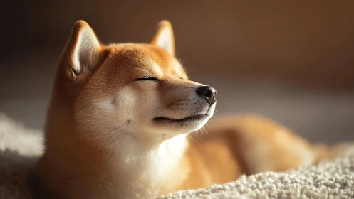 Content Shiba Inu basks in warm afternoon window light