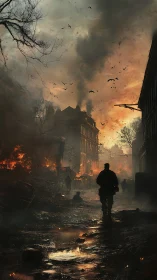 Silhouetted soldier moves through burning, smoke-filled street