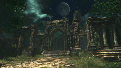 Moonlit jungle ruins guarding a forgotten stone gateway.