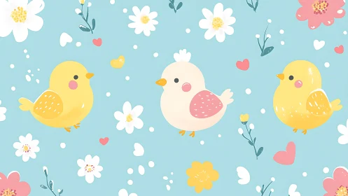 Cartoon birds with floral elements on light blue background.