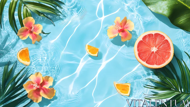 Photorealistic tropical citrus arrangement in sunlit poolscape.