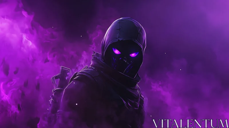 Hooded cyber assassin stands in glowing violet smoke