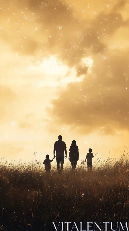 Golden evening sky welcomes a peaceful family walk together