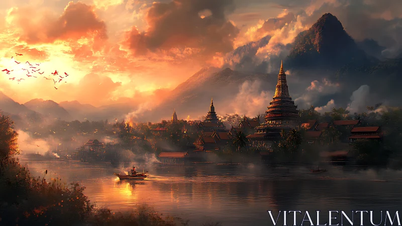 Sunlit temple river kingdom wrapped in mist and embers.