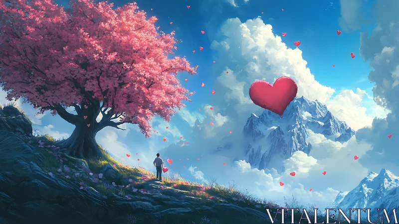 Digital landscape depicting solitary figure beneath flowering tree with mountain vista.