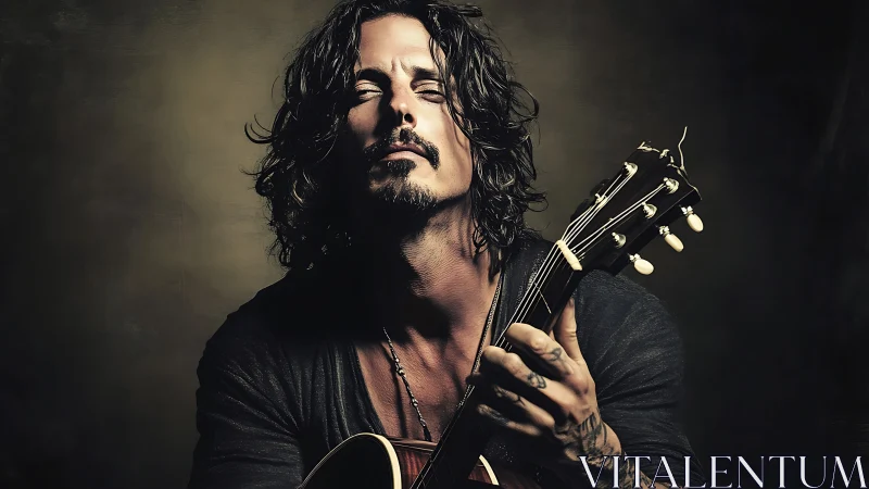 Male guitarist holds acoustic instrument in studio lighting