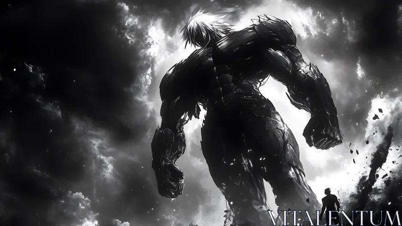 Colossal armored titan towers over lone challenger in storm.