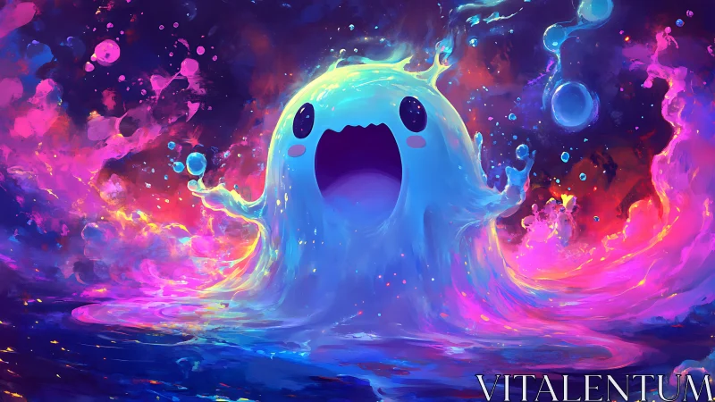 Cosmic slime spirit erupts amid neon galactic waves