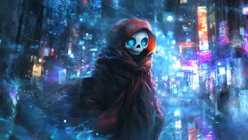 Hooded neon skull figure amid rain soaked cyberpunk city street