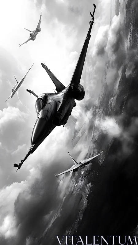 Four modern fighter aircraft maintain formation over clouds