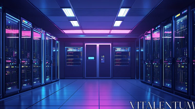 Neon-lit data center corridor glows with futuristic servers.