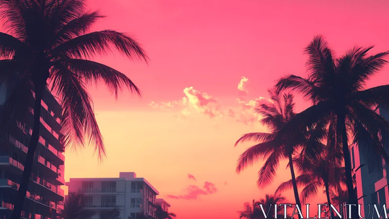 Neon magenta sunset over palm-lined modern beachfront towers