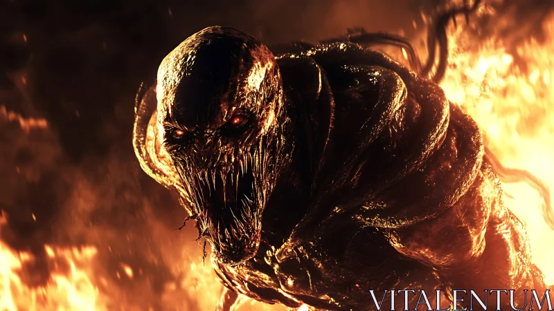 Molten demonic creature emerges from intense surrounding flames