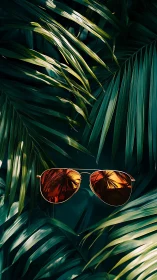 Sunglasses with orange lenses among dense palm leaves.