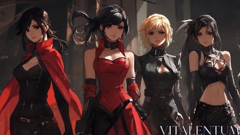 Four anime heroines in tactical red and black attire stand unified.