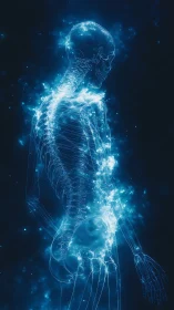 Luminous human skeleton profile in glowing blue nebula field.