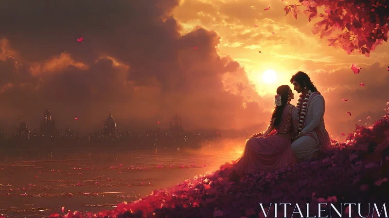 Golden Sunset Romance: Two Souls Embrace Beside a Glowing River