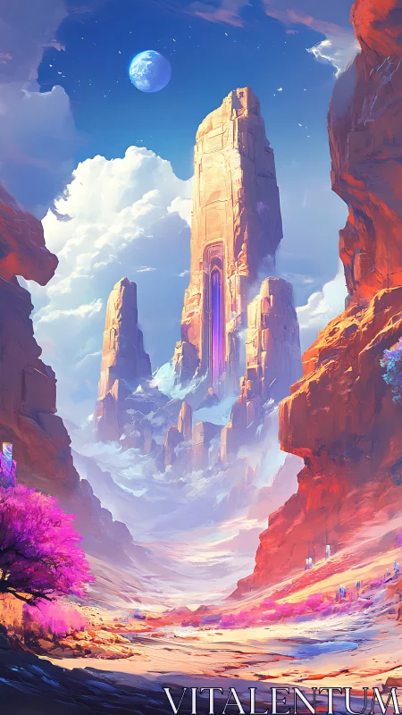 Towering alien rock spires rise above a vivid canyon