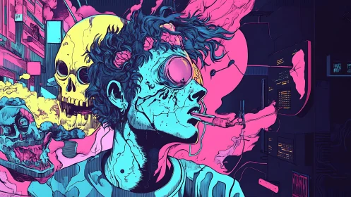 Neon skulls orbit a wired mind in electric urban chaos.