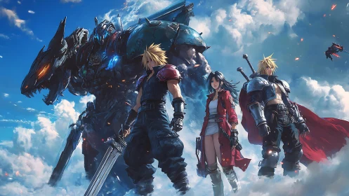 Skyward anime warriors confront towering mecha dragon titan.